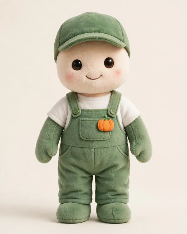 The Neighbour's Coveralls — green coveralls over a white tee, cap on, and a little pumpkin badge pinned on for tonight