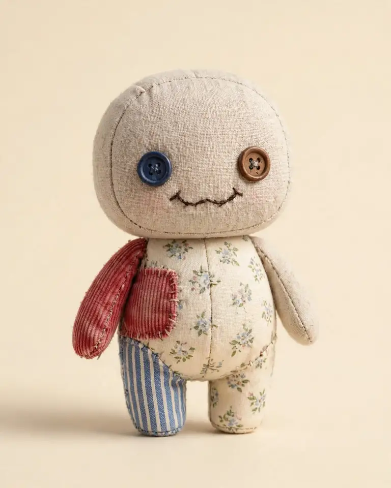 Darn, the patchwork doll — a finished character, mismatched button eyes and all, ready to adopt as-is