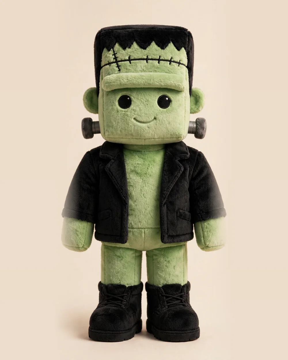 A plush friend wearing the Frankenstein costume — a kept character in new clothes, bolts and all