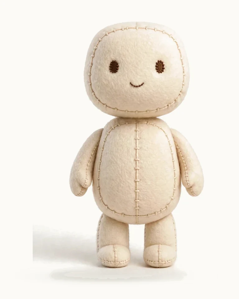 Sack-Felt, a cream felt doll with stitched seams and ring eyes