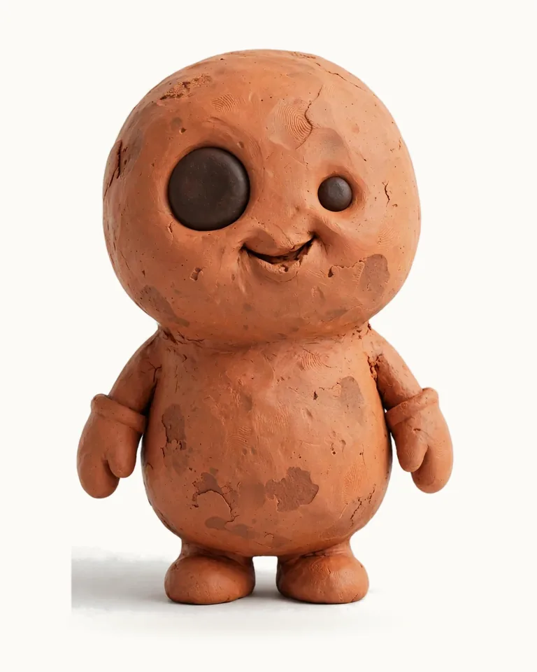 Wonk, a terracotta clay figure with a lopsided grin